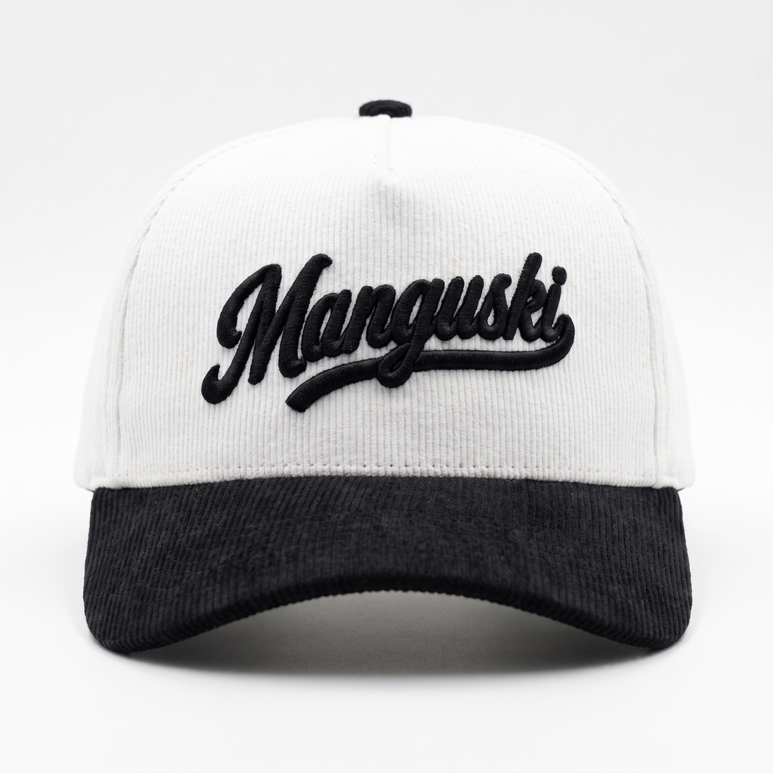 Manguski Script Snapback | White & Black Corduroy 5-Panel A-Frame