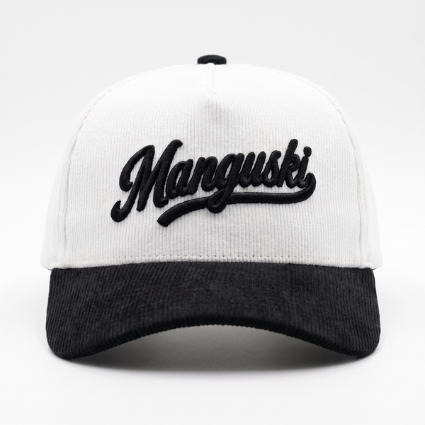 Manguski Script Snapback | White & Black Corduroy 5-Panel A-Frame