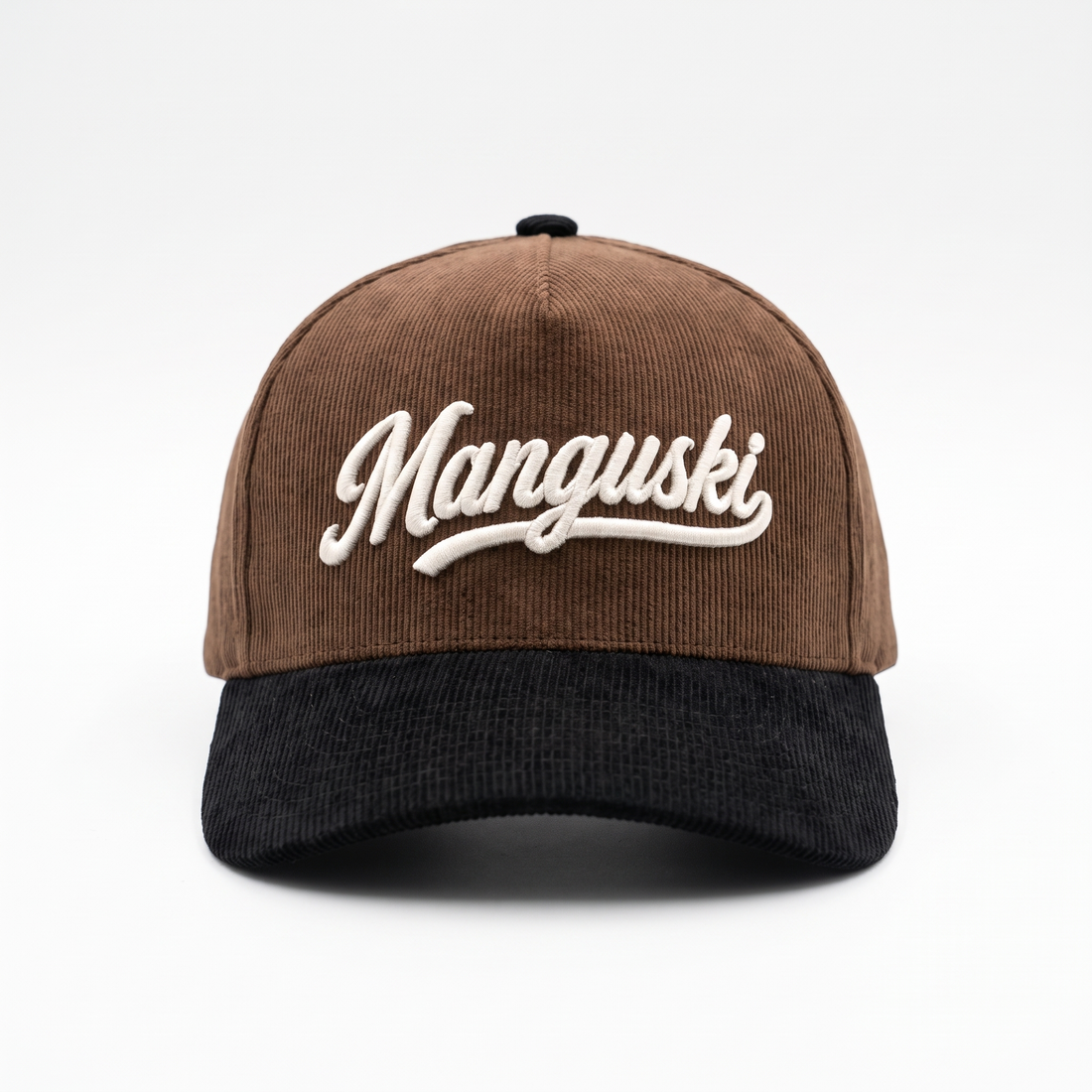 Manguski Script Snapback | Brown & Black Corduroy 5-Panel A-Frame